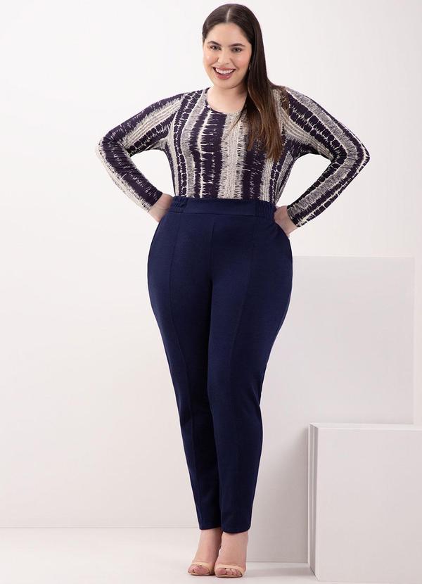 Lunender Mais Mulher - Calça Reta com Bolsos em Malha Tricô Azul 3