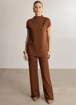 Lunender - Calça Reta com Bolsos em Malha Tricô Marrom - LUNENDER