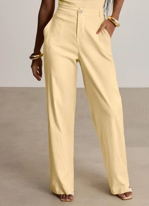 Lunender - Calça Reta com Bolsos em Tecido Amarelo - LUNENDER