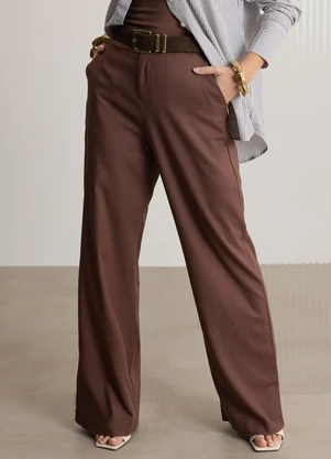 Lunender - Calça Reta com Bolsos em Tecido com Linho Marrom - LUNENDER