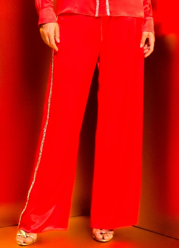 Carlota Costa - Calça Reta com Bordado Vermelho