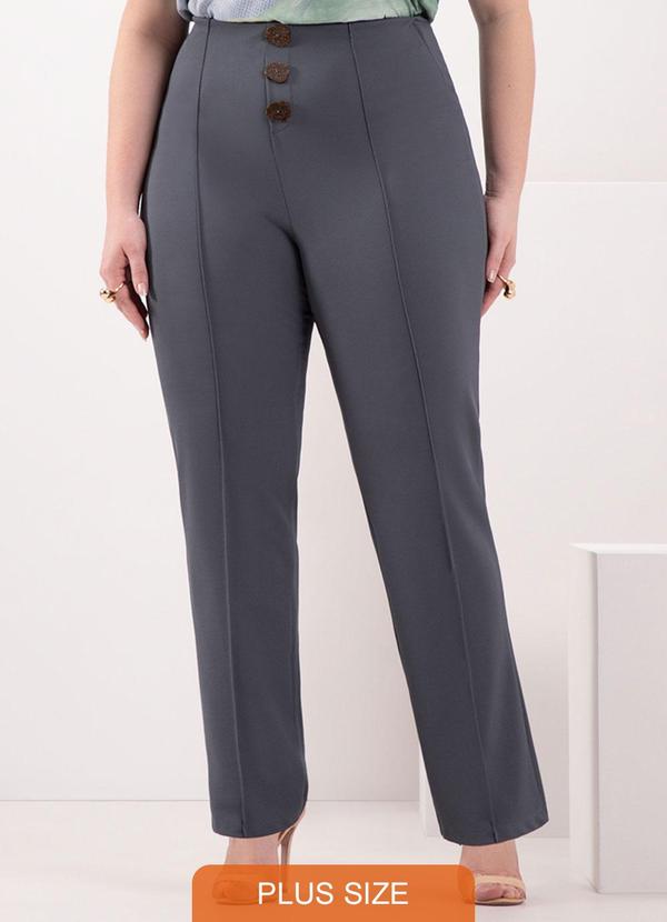 Lunender Mais Mulher - Calça Reta com Botões e Nervuras em Malha Azul