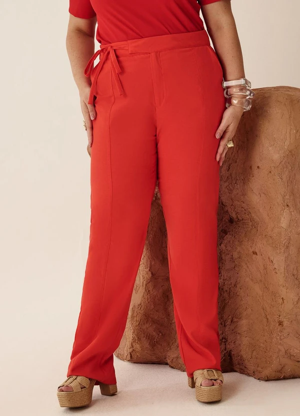 Elegance - Calça Reta com Cinto Fixo Vermelho Red Pepper