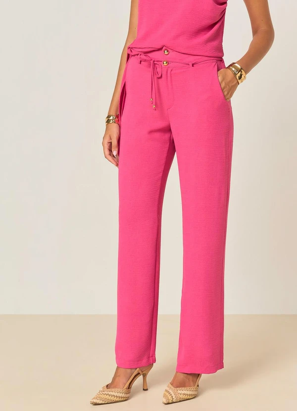 Elegance - Calça Reta com Cós Largo e Abotoamento Rosa