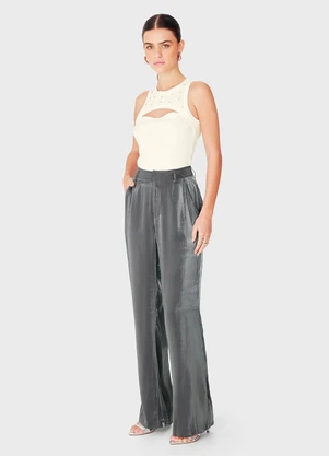 Enfim - Calça Reta em Acetinado Glow Cinza Grafite - ENFIM
