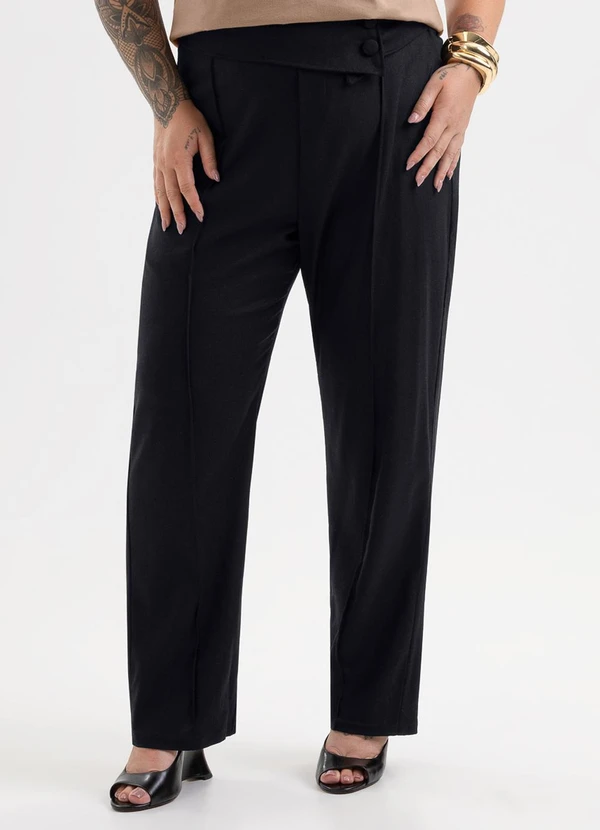 Cativa Plus Size - Calça Reta em Tecido com Linho e Elastano Preto