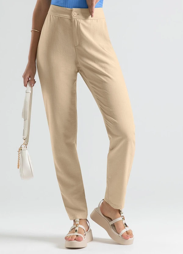 Cativa - Calça Reta em Tecido Texturizado Amarelo Claro