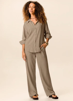 Malwee - Calça Reta Listrada com Bolso Taupe - MALWEE