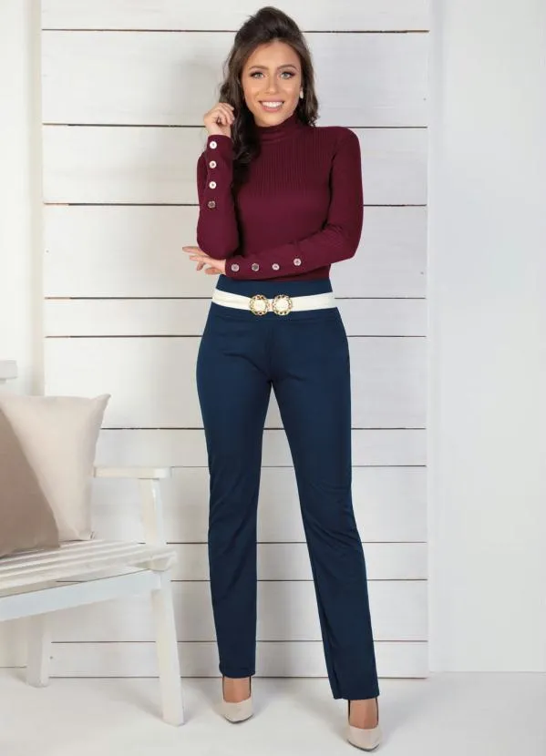 Moda Pop - Calça Reta Marinho e Off White com Fivela 3