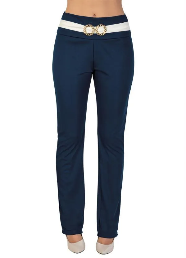 Moda Pop - Calça Reta Marinho e Off White com Fivela 5