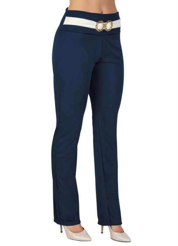 Moda Pop - Calça Reta Marinho e Off White com Fivela 7