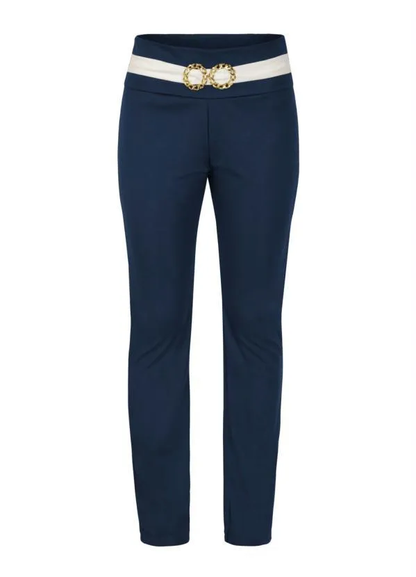 Moda Pop - Calça Reta Marinho e Off White com Fivela 8