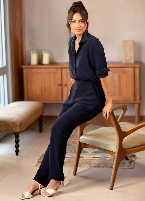 Principessa - Calça Reta Regular em Air Flow Marinho Isis 6