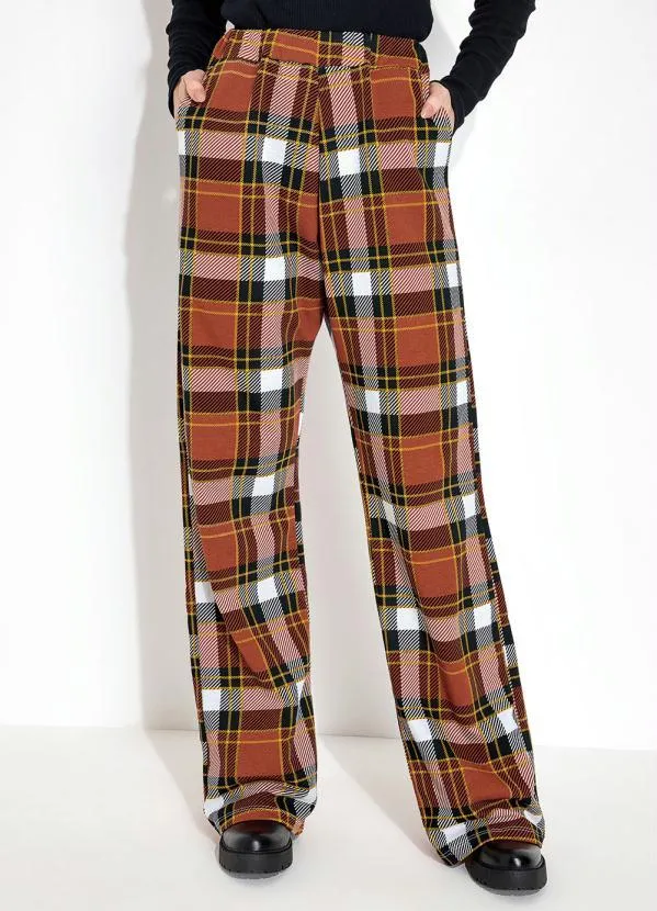 Moda Pop - Calça Xadrez Terracota com Bolsos Funcionais