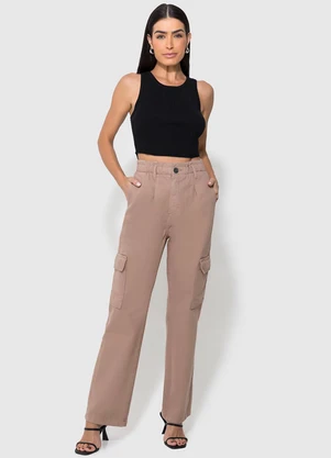 Enfim - Calça Bege Feminina Reta em Sarja - ENFIM