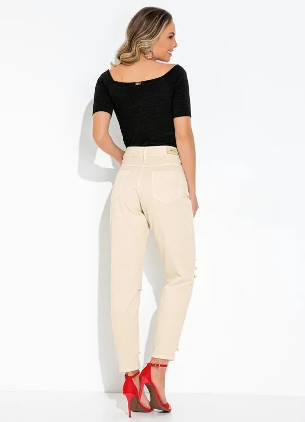 Sawary Jeans - Calça Branco Areia Mom Jeans 4