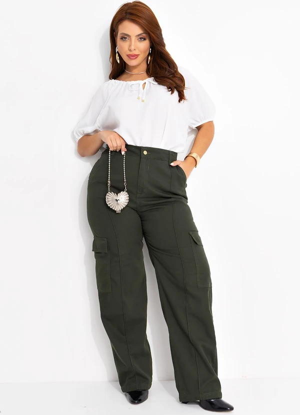 Quintess - Calça Cargo Verde Militar em Sarja 11