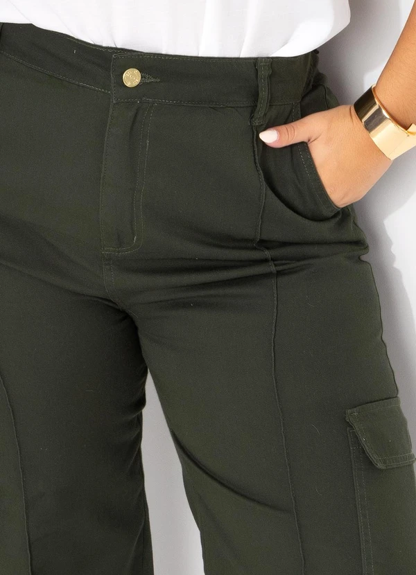 Quintess - Calça Cargo Verde Militar em Sarja 12