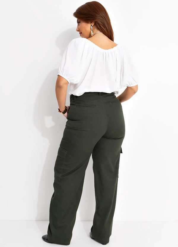 Quintess - Calça Cargo Verde Militar em Sarja 10