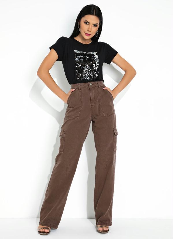 Sawary Jeans - Calça Marrom Wide Leg com Bolsos Cargo Sawary 4