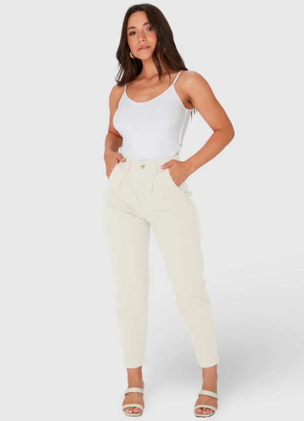 Malwee - Calça Off White Carrot Cintura Alta em Sarja 4