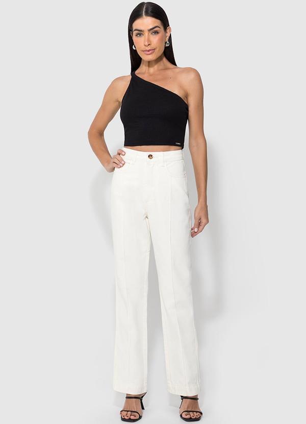 Enfim - Calça Off White Reta em Sarja Cintura Alta 2