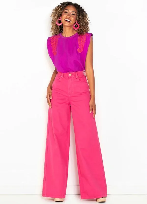 Forum - Calça Pantalona de Sarja Thais Rosa 3