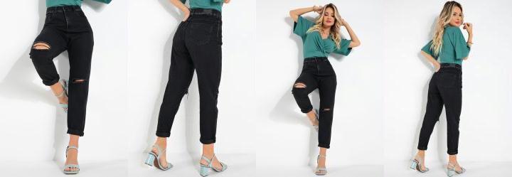 Cala Preta Sawary Mom Jeans com Rasgo Joelhos