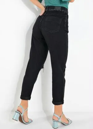 Sawary Jeans - Calça Preta Sawary Mom Jeans com Rasgo Joelhos - SAWARY JEANS