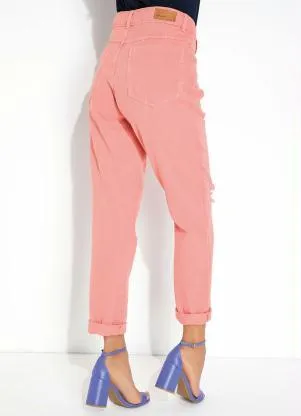 Sawary Jeans - Calça Reta Rosa com Destroyed Sawary - SAWARY JEANS