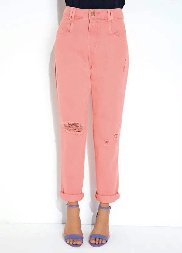 Sawary Jeans - Calça Reta Rosa com Destroyed Sawary