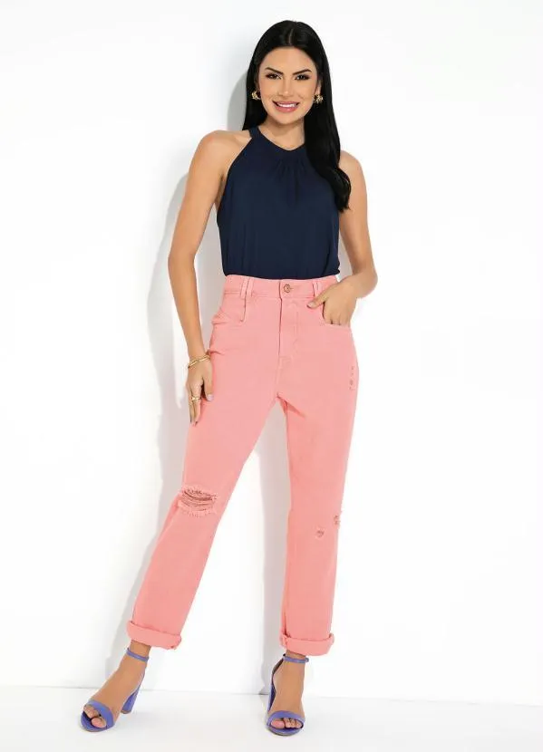Sawary Jeans - Calça Reta Rosa com Destroyed Sawary 4