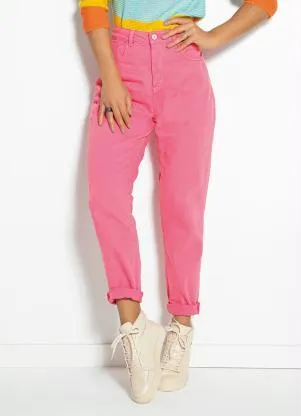 Sawary Jeans - Calça Rosa Chiclete Mom Jeans com Bolsos Sawary - SAWARY JEANS