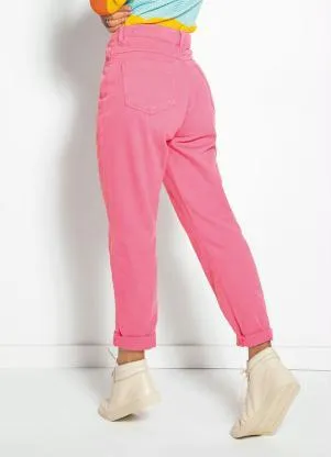 Sawary Jeans - Calça Rosa Chiclete Mom Jeans com Bolsos Sawary - SAWARY JEANS