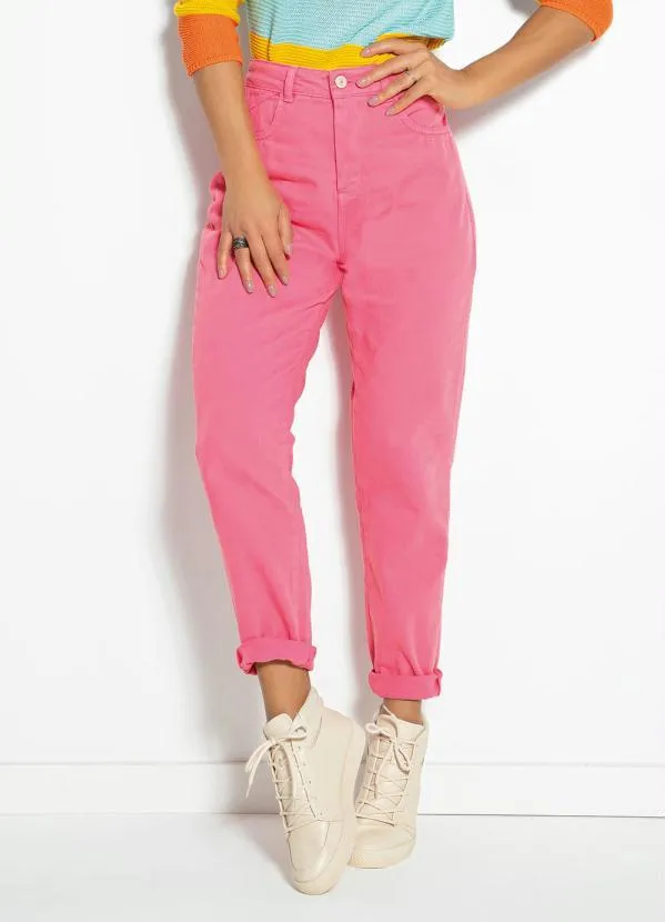 Sawary Jeans - Calça Rosa Chiclete Mom Jeans com Bolsos Sawary