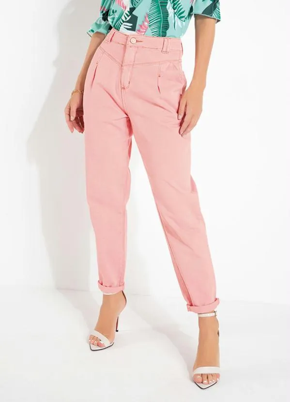 Sawary Jeans - Calça Rosa Mom Jeans com Bolsos e Pregas Sawary