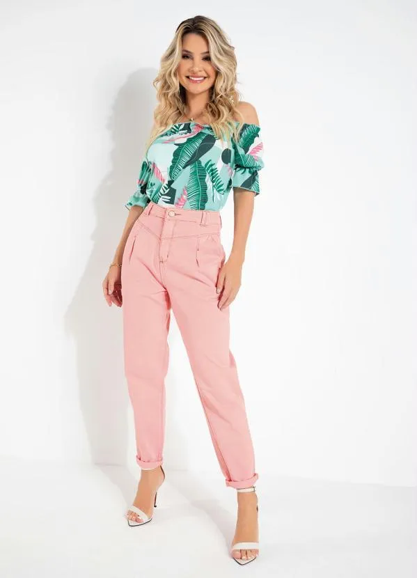 Sawary Jeans - Calça Rosa Mom Jeans com Bolsos e Pregas Sawary 3