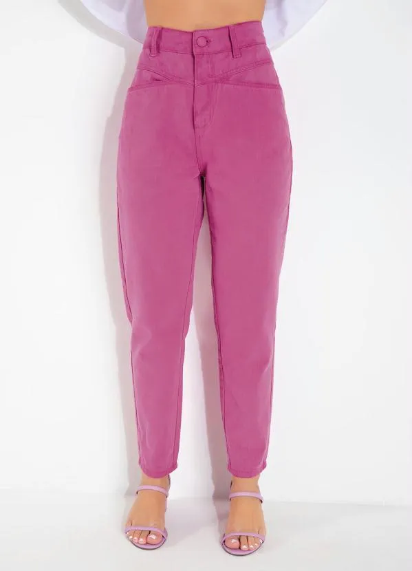 Sawary Jeans - Calça Rosa Mom Jeans com Bolsos Sawary