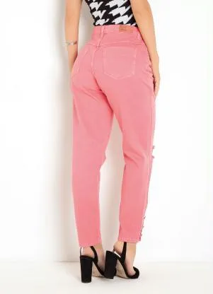 Sawary Jeans - Calça Rosa Mom Jeans com Rasgos Sawary - SAWARY JEANS