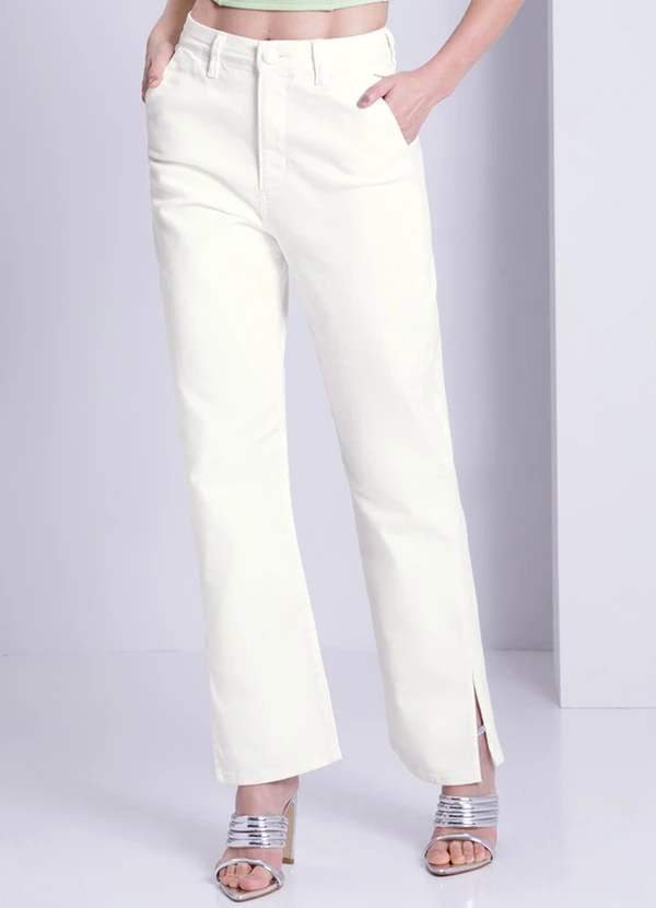 Lunender - Calça Sarja Reta Cropped Chapa Barriga Bege