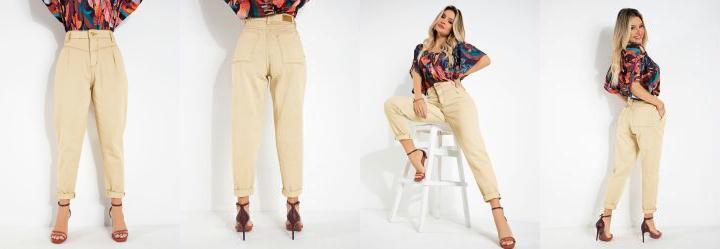 Cala Sawary Bege Mom Jeans com Bolsos