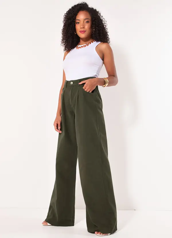 Quintess - Calça Verde Militar em Sarja com Bolsos 3