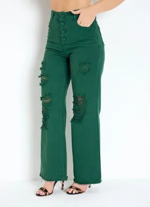 Sawary Jeans - Calça Verde Wide Leg com Bolsos Sawary - SAWARY JEANS
