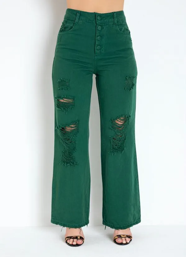 Sawary Jeans - Calça Verde Wide Leg com Bolsos Sawary
