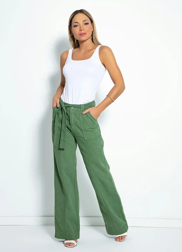 Sawary Jeans - Calça Verde Wide Leg com Faixa Sawary 4