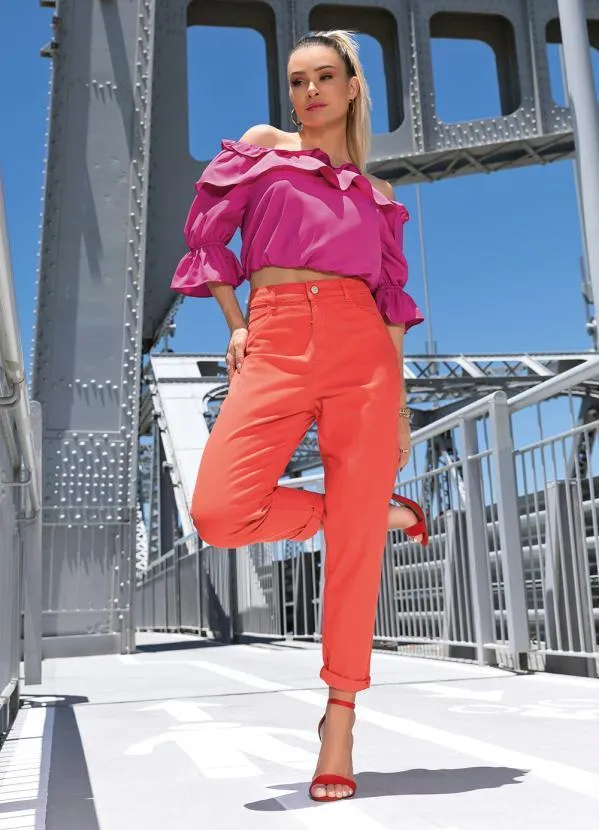 Sawary Jeans - Calça Vermelha Mom Jeans Sawary 5