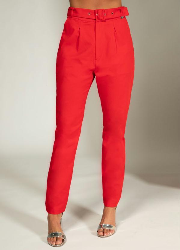 Quintess - Calça Vermelha Reta com Cintura Alta e Cinto 3