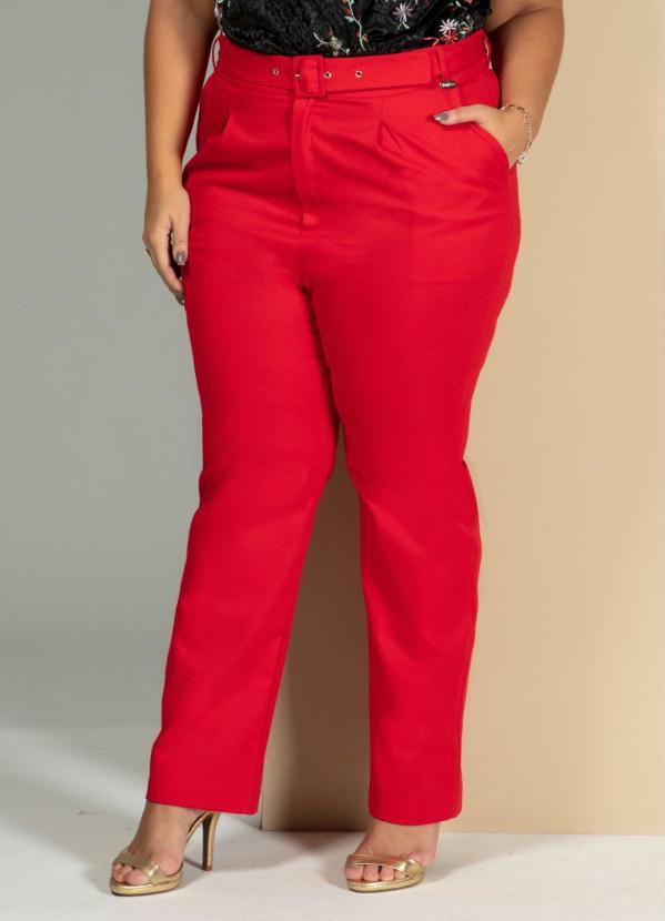 Quintess - Calça Vermelha Reta com Cintura Alta e Cinto 7