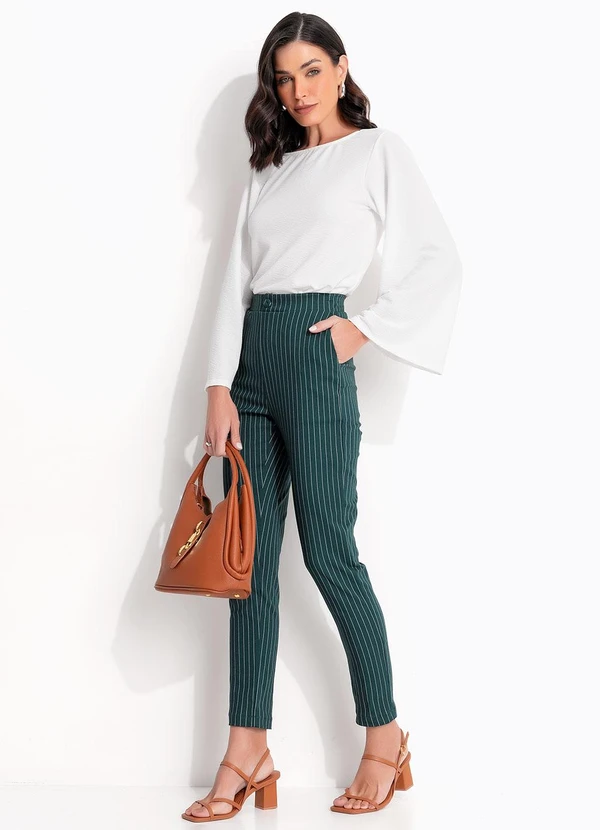 Quintess - Calça Risca de Giz Verde em Bengaline 7