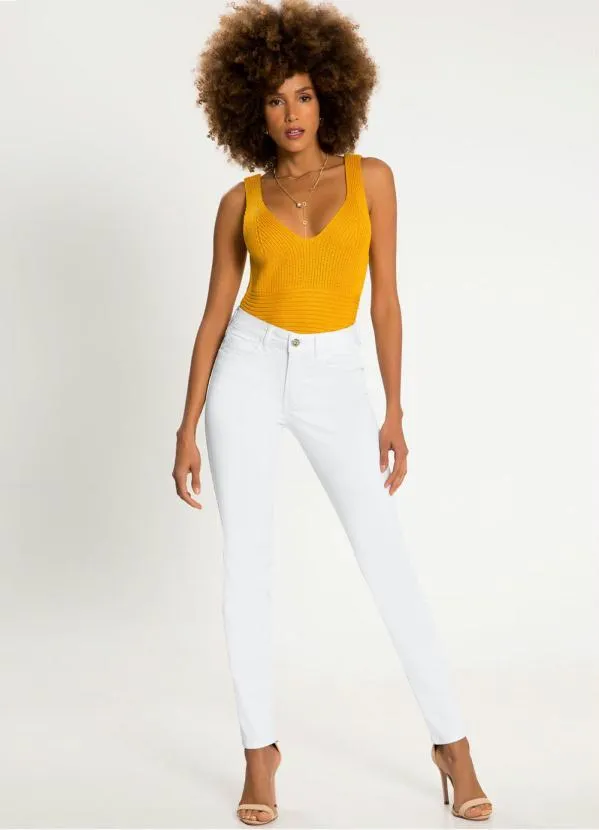 Calça Sarja com Elastano Branco Lunender Feminino